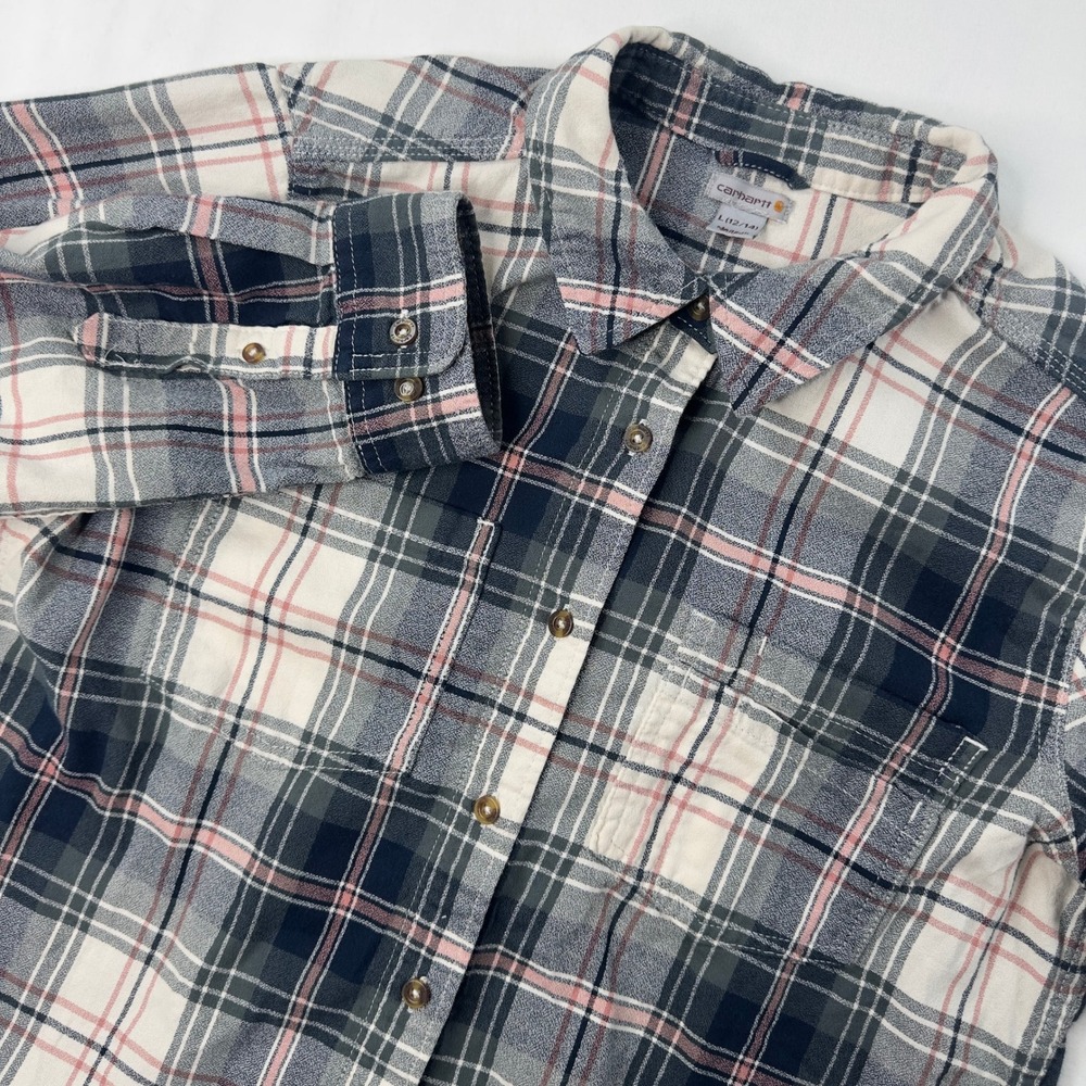 Carhartt Shirt Womens Large Green Pink Plaid Roll Tab Sleeve Button Down